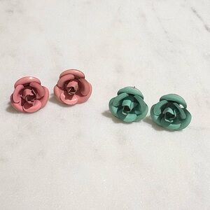 Vintage Pink and Sea Foam Teal Green Rose Stud Earrings - 2 Sets